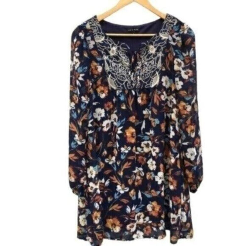 Floral Boho Swing Dress Long Sleeve Embroidered